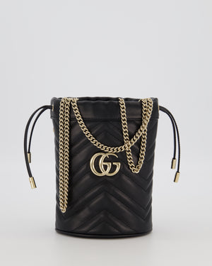 Gucci Black Calfskin GG Matelasse Marmont Mini Bucket Bag with Light Gold Hardware