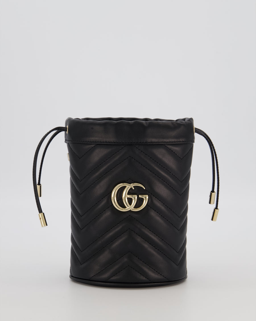 Gucci Black Calfskin GG Matelasse Marmont Mini Bucket Bag with Light Gold Hardware