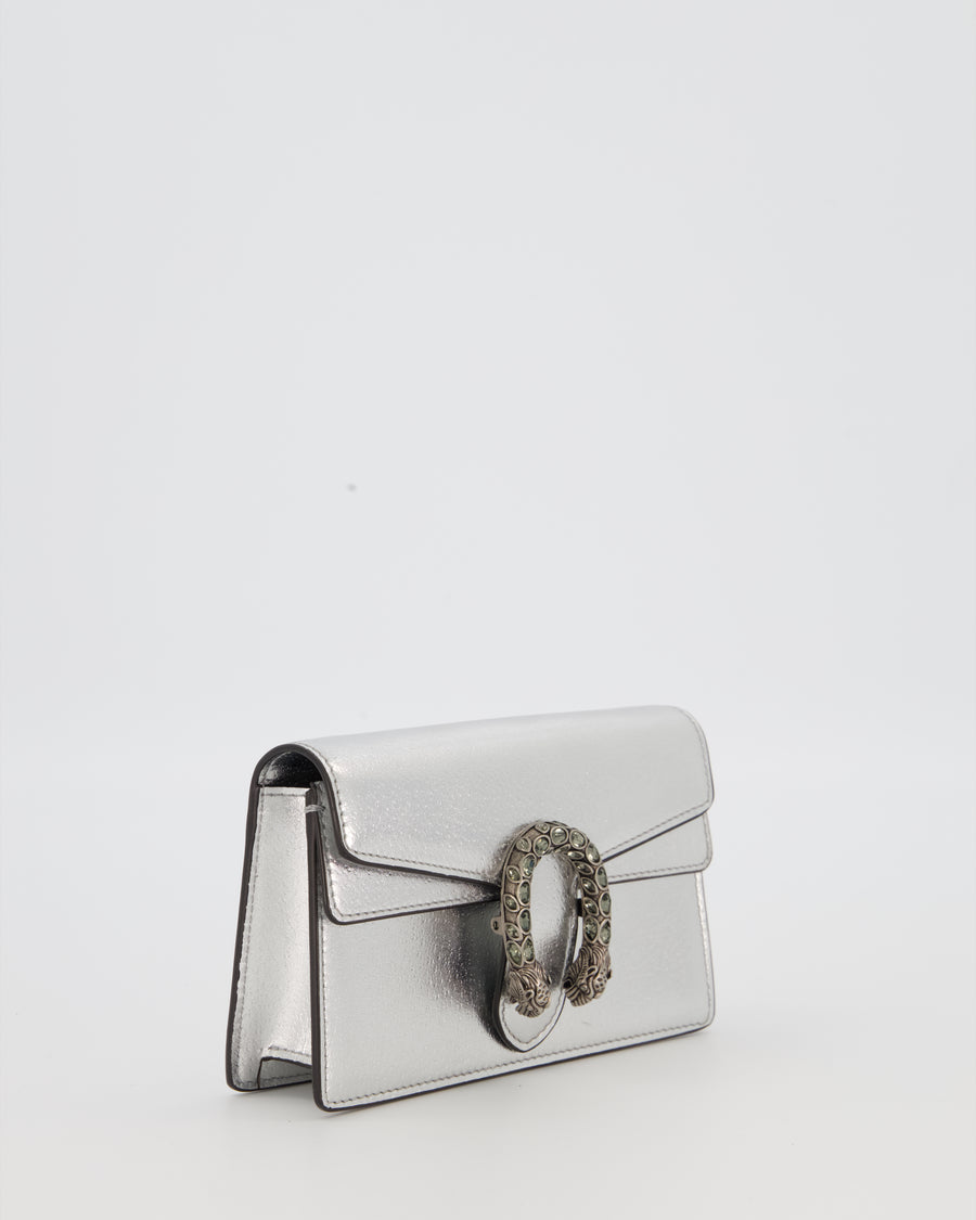 Gucci Metallic Silver Dionysus Wallet on Chain Bag in Calfskin Leather with Silver Hardware