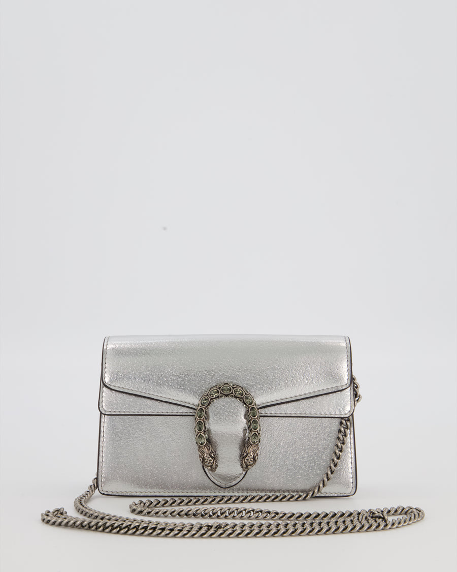 Gucci Metallic Silver Dionysus Wallet on Chain Bag in Calfskin Leather with Silver Hardware