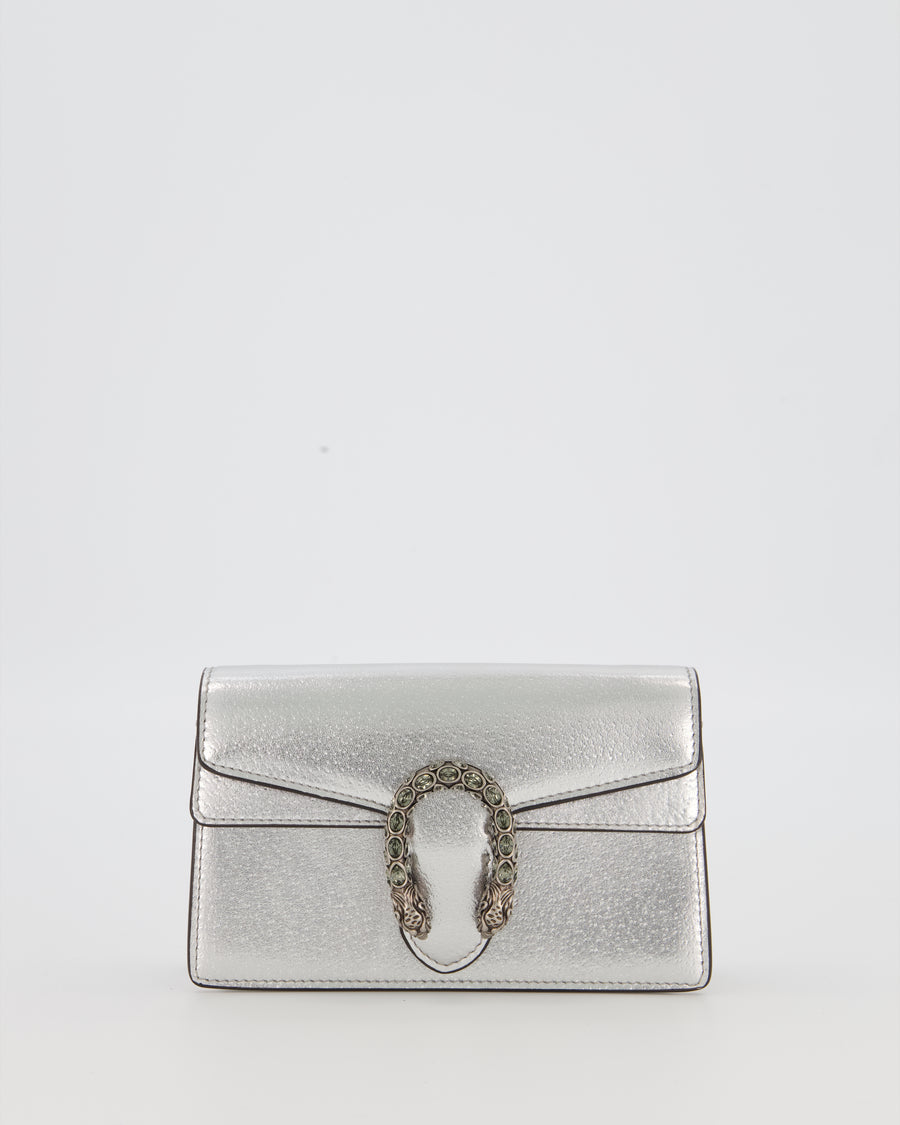 Gucci Metallic Silver Dionysus Wallet on Chain Bag in Calfskin Leather with Silver Hardware