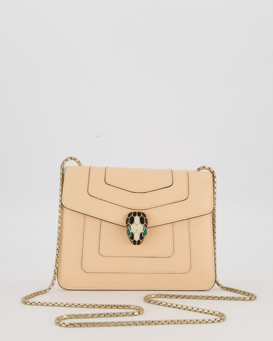 Bvlgari Light Peach Small Serpenti Forever Square Shoulder Bag In Calfskin Leather with Champagne Gold Hardware