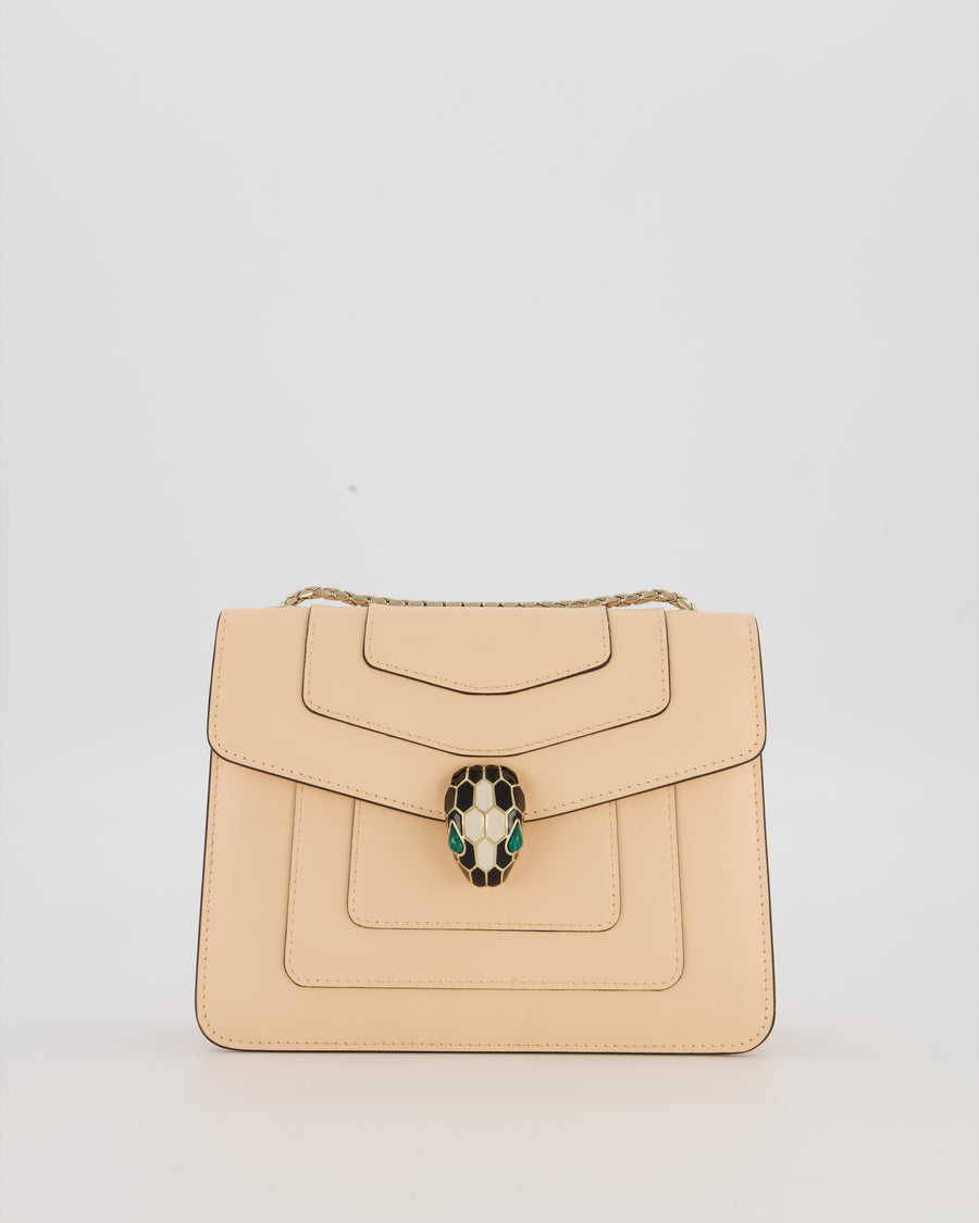 Bvlgari Light Peach Small Serpenti Forever Square Shoulder Bag In Calfskin Leather with Champagne Gold Hardware