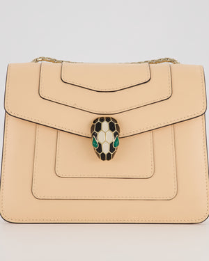 Bvlgari Light Peach Small Serpenti Forever Square Shoulder Bag In Calfskin Leather with Champagne Gold Hardware