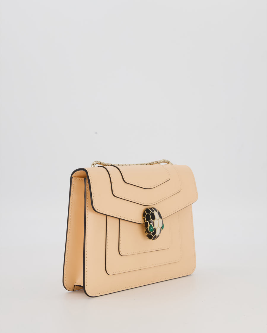 Bvlgari Light Peach Small Serpenti Forever Square Shoulder Bag In Calfskin Leather with Champagne Gold Hardware