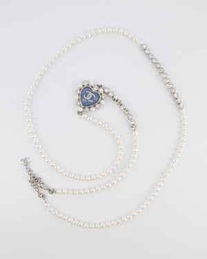 Chanel 25B Pearl Long Necklace with Crystal Embellishments and Blue Heart Crystal CC Logo Detail and Silver Hardware