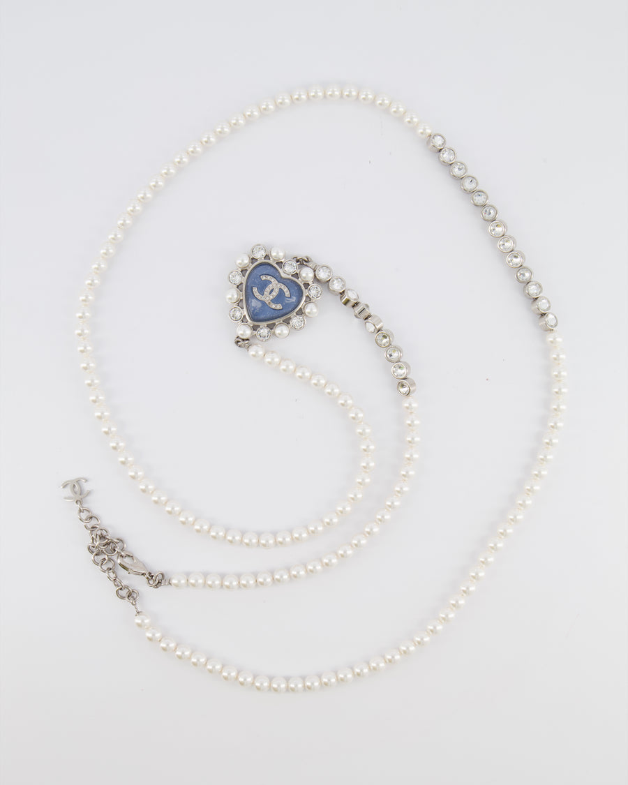 Chanel 25B Pearl Long Necklace with Crystal Embellishments and Blue Heart Crystal CC Logo Detail and Silver Hardware