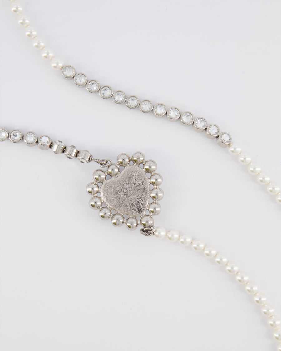 Chanel 25B Pearl Long Necklace with Crystal Embellishments and Blue Heart Crystal CC Logo Detail and Silver Hardware