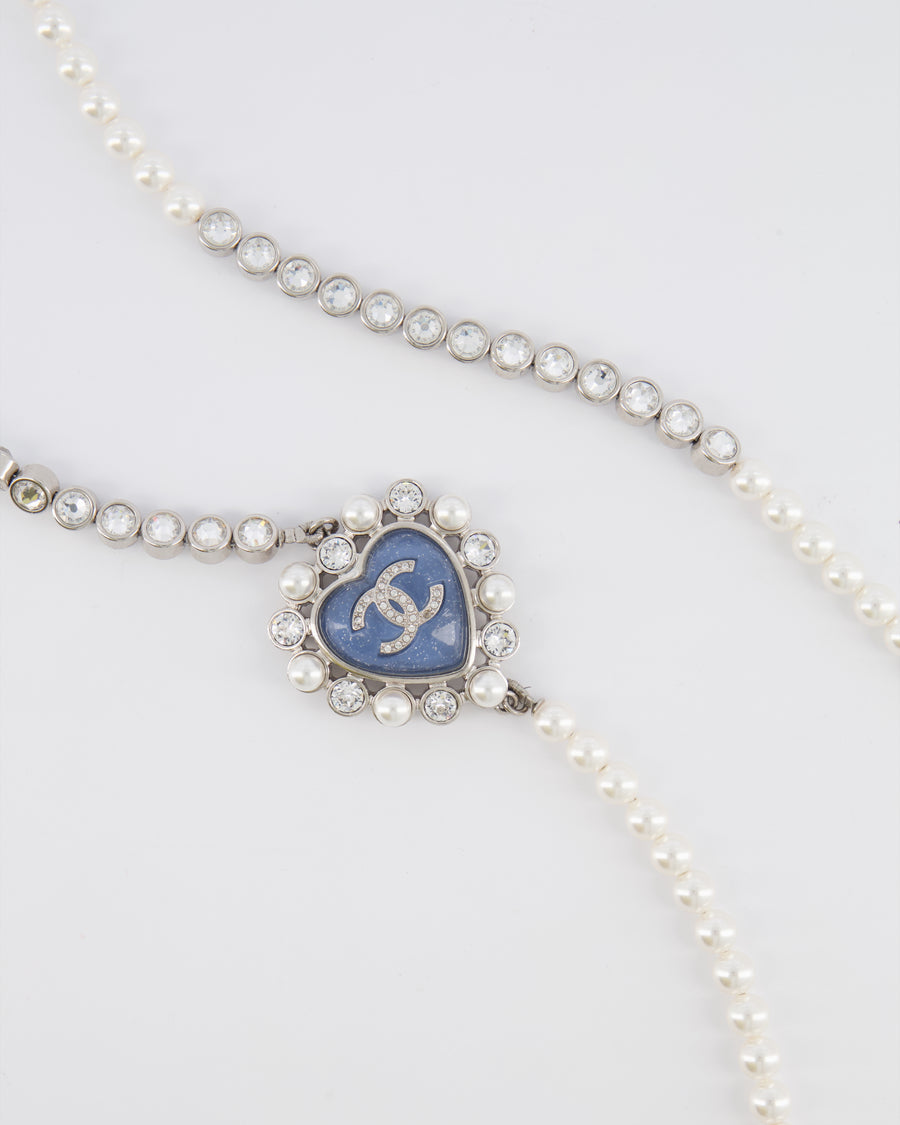Chanel 25B Pearl Long Necklace with Crystal Embellishments and Blue Heart Crystal CC Logo Detail and Silver Hardware