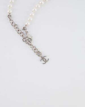 Chanel 25B Pearl Long Necklace with Crystal Embellishments and Blue Heart Crystal CC Logo Detail and Silver Hardware