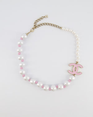 Chanel 25A Pearl Choker with Pink Ribbon Detail and Pink Enamel CC Logo and Champagne Gold Hardware