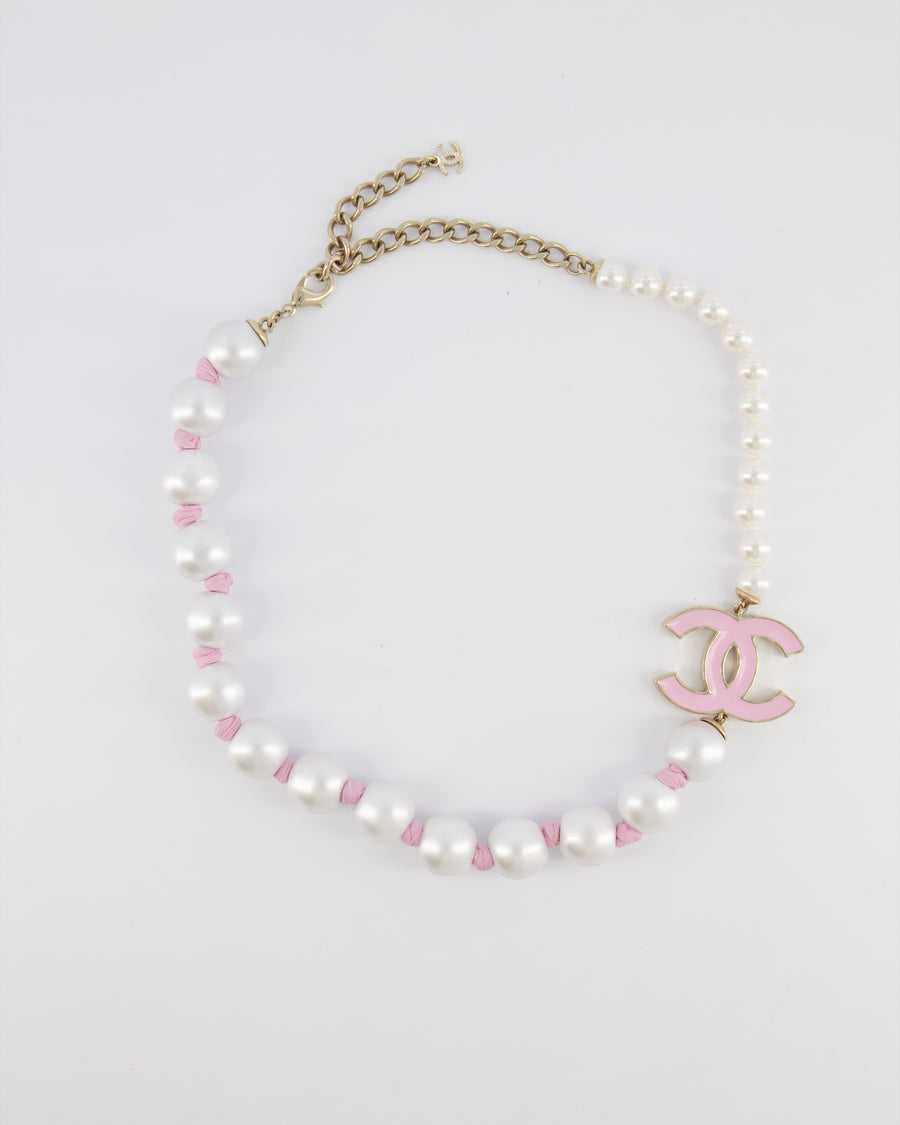 Chanel 25A Pearl Choker with Pink Ribbon Detail and Pink Enamel CC Logo and Champagne Gold Hardware