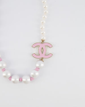 Chanel 25A Pearl Choker with Pink Ribbon Detail and Pink Enamel CC Logo and Champagne Gold Hardware