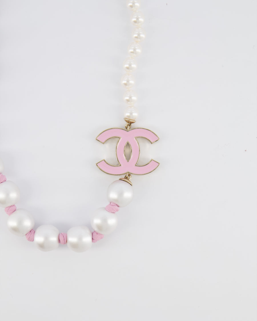 Chanel 25A Pearl Choker with Pink Ribbon Detail and Pink Enamel CC Logo and Champagne Gold Hardware