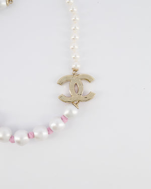 Chanel 25A Pearl Choker with Pink Ribbon Detail and Pink Enamel CC Logo and Champagne Gold Hardware