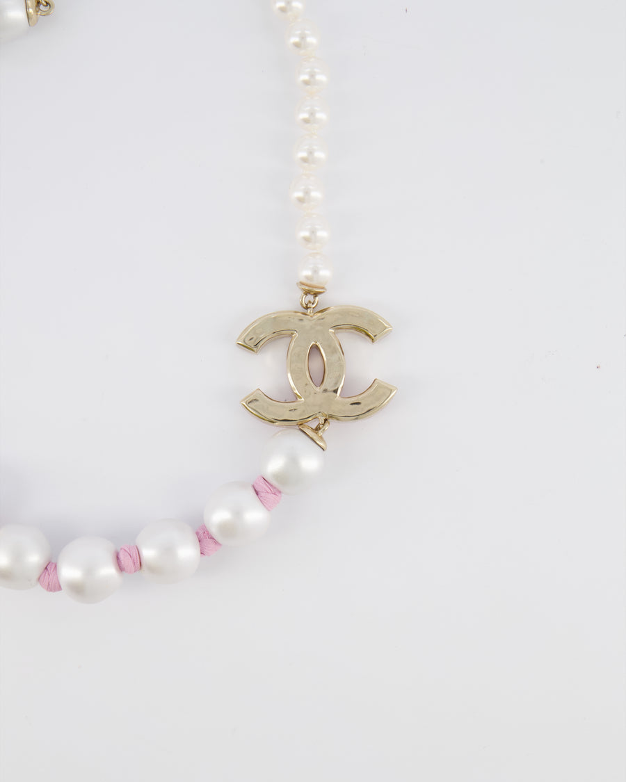 Chanel 25A Pearl Choker with Pink Ribbon Detail and Pink Enamel CC Logo and Champagne Gold Hardware