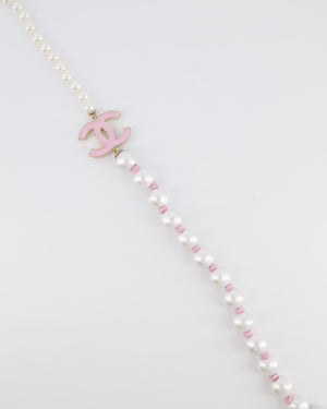 Chanel 25A Pearl Choker with Pink Ribbon Detail and Pink Enamel CC Logo and Champagne Gold Hardware