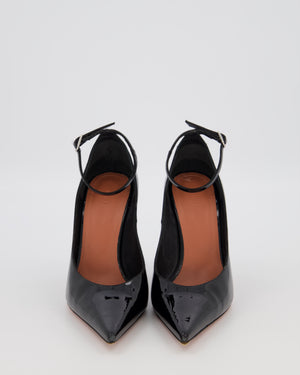 Amina Muaddi Black Patent Leather Pointed Toe Heels with Crystal Strap Detail Size EU 37