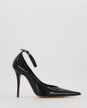 Amina Muaddi Black Patent Leather Pointed Toe Heels with Crystal Strap Detail Size EU 37