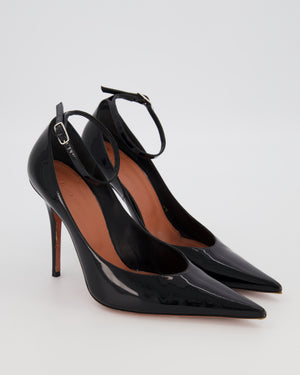 Amina Muaddi Black Patent Leather Pointed Toe Heels with Crystal Strap Detail Size EU 37