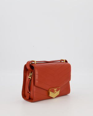 Chanel Red Chevron Small Medal Flap Bag in Calfskin Leather with Antique Gold Hardware