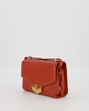 Chanel Red Chevron Small Medal Flap Bag in Calfskin Leather with Antique Gold Hardware