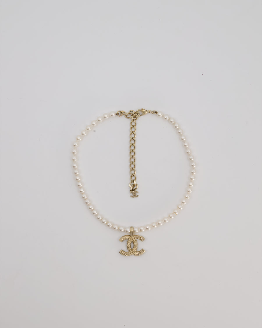 Chanel Pearl Choker with Beaded Gold CC Logo Detail