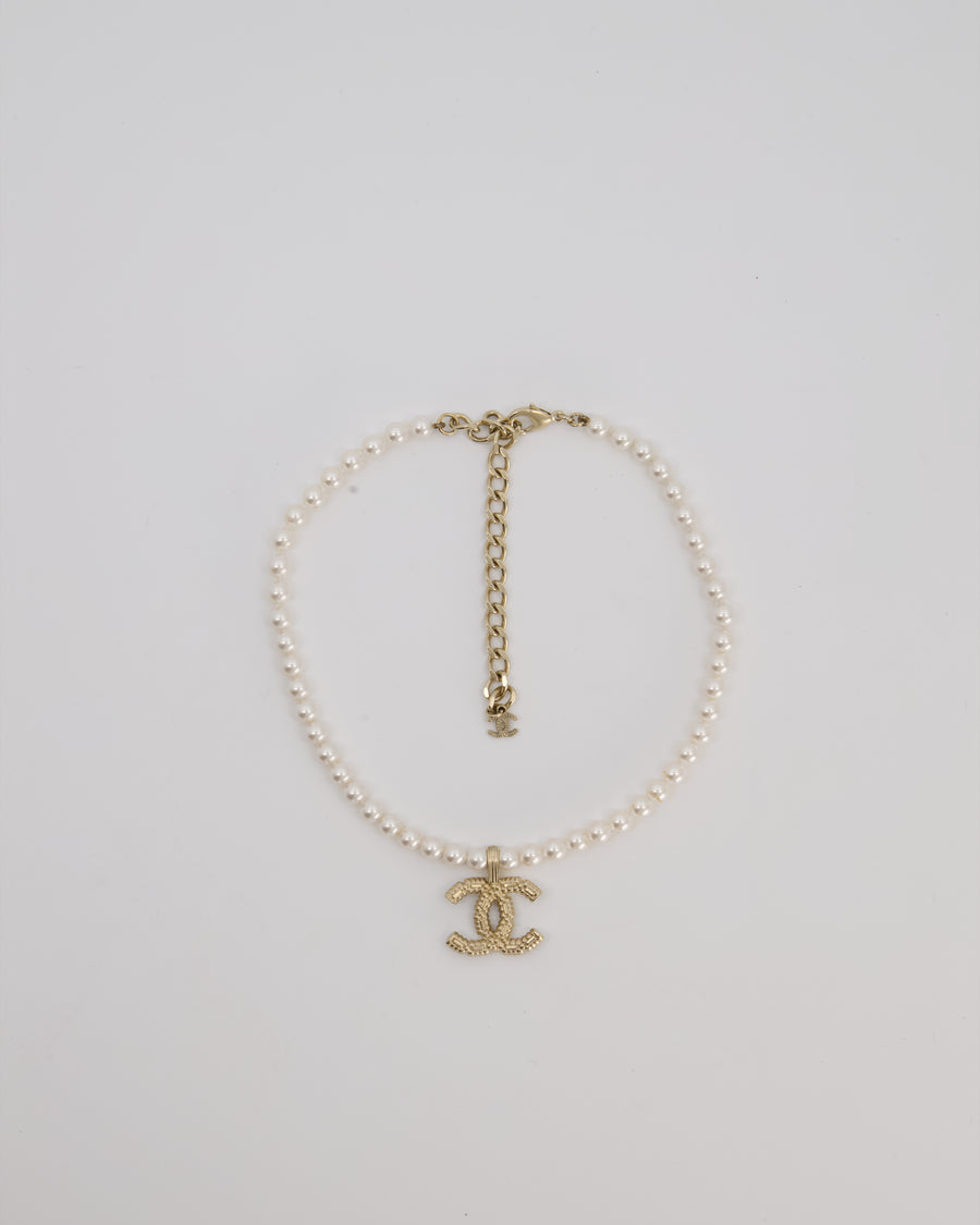 Chanel Pearl Choker with Beaded Gold CC Logo Detail