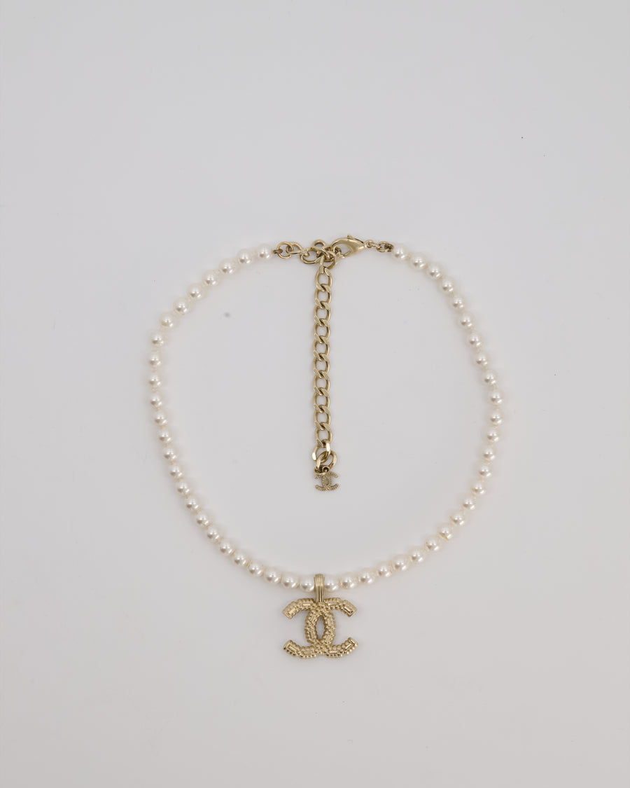 Chanel Pearl Choker with Beaded Gold CC Logo Detail