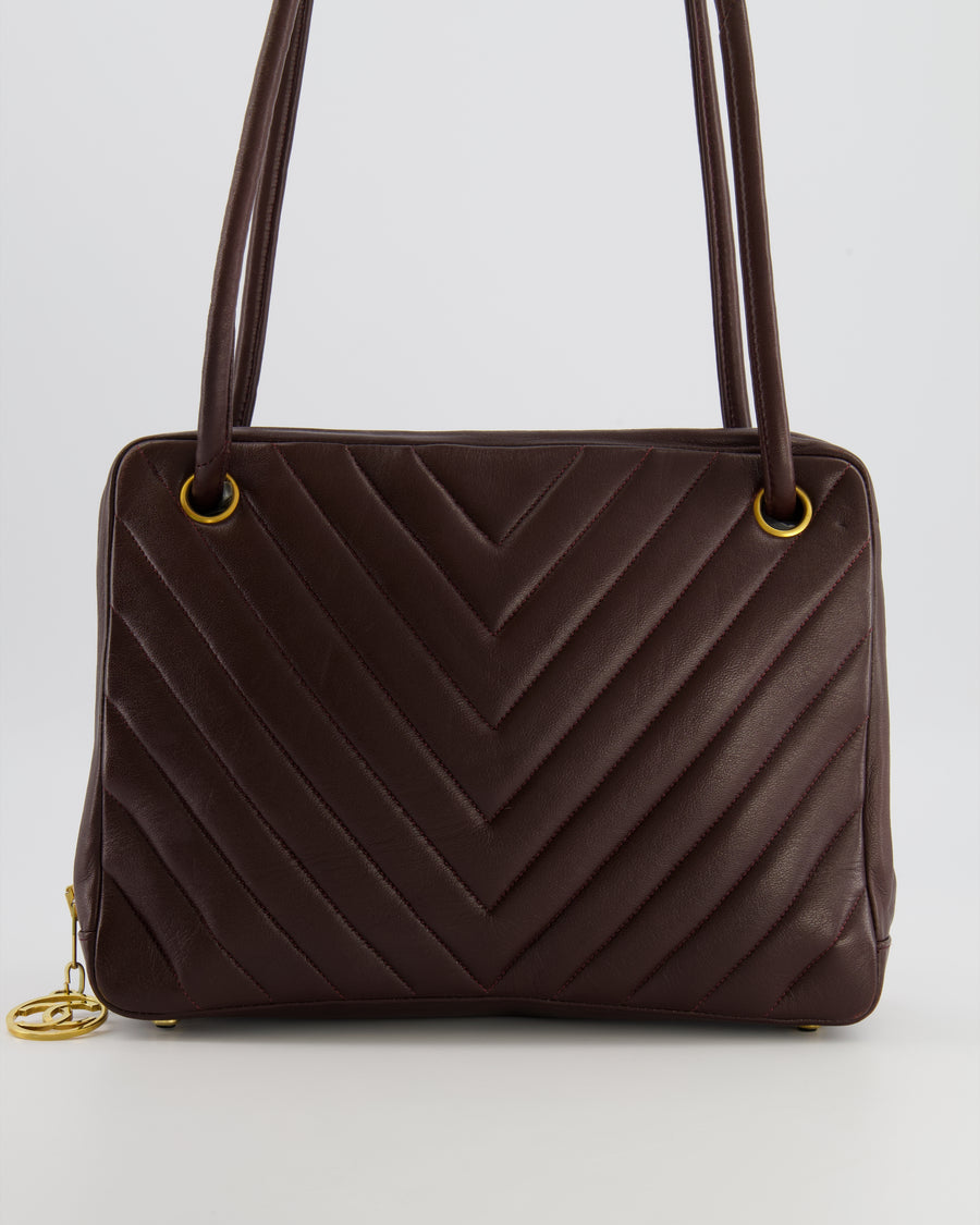 Chanel Vintage Brown Chevron Camera Bag in Calfskin Leather with Gold Hardware