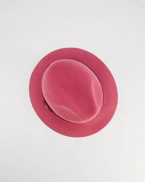 Loro Piana Hot Pink Baby Cashfelt Hat with Burgundy Ribbon and Champagne Gold Logo Detail Size S RRP £900