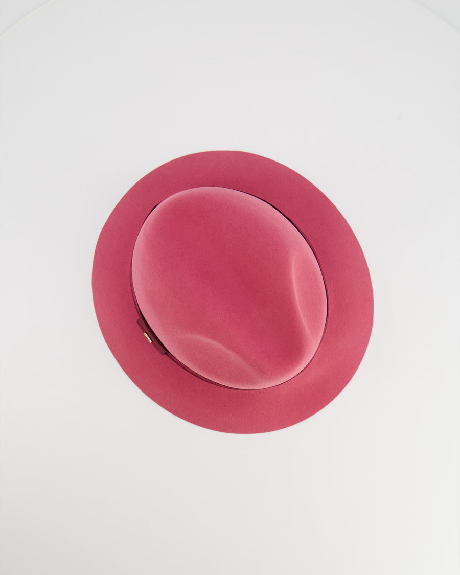 Loro Piana Hot Pink Baby Cashfelt Hat with Burgundy Ribbon and Champagne Gold Logo Detail Size S RRP £900