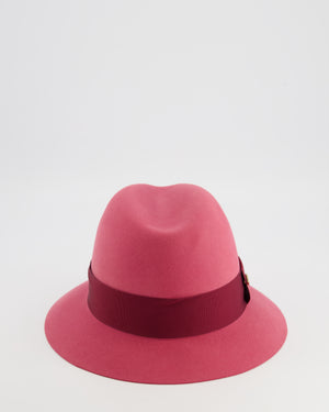 Loro Piana Hot Pink Baby Cashfelt Hat with Burgundy Ribbon and Champagne Gold Logo Detail Size S RRP £900