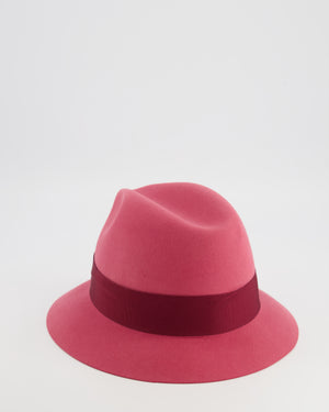 Loro Piana Hot Pink Baby Cashfelt Hat with Burgundy Ribbon and Champagne Gold Logo Detail Size S RRP £900