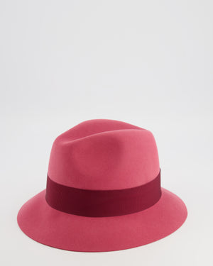 Loro Piana Hot Pink Baby Cashfelt Hat with Burgundy Ribbon and Champagne Gold Logo Detail Size S RRP £900