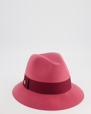 Loro Piana Hot Pink Baby Cashfelt Hat with Burgundy Ribbon and Champagne Gold Logo Detail Size S RRP £900