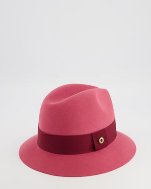 Loro Piana Hot Pink Baby Cashfelt Hat with Burgundy Ribbon and Champagne Gold Logo Detail Size S RRP £900