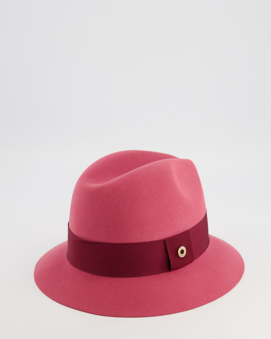 Loro Piana Hot Pink Baby Cashfelt Hat with Burgundy Ribbon and Champagne Gold Logo Detail Size S RRP £900