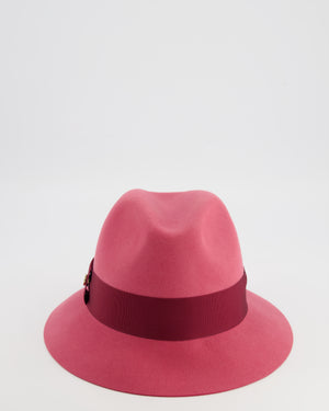 Loro Piana Hot Pink Baby Cashfelt Hat with Burgundy Ribbon and Champagne Gold Logo Detail Size S RRP £900