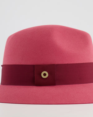 Loro Piana Hot Pink Baby Cashfelt Hat with Burgundy Ribbon and Champagne Gold Logo Detail Size S RRP £900
