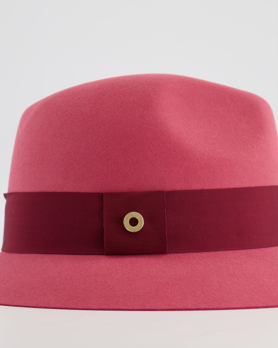 Loro Piana Hot Pink Baby Cashfelt Hat with Burgundy Ribbon and Champagne Gold Logo Detail Size S RRP £900