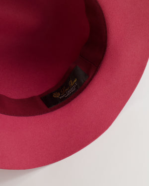Loro Piana Hot Pink Baby Cashfelt Hat with Burgundy Ribbon and Champagne Gold Logo Detail Size S RRP £900
