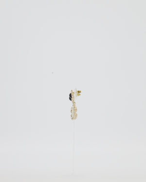 Chanel CC Crystal Gold Drop Earrings with Black Pearl Detail