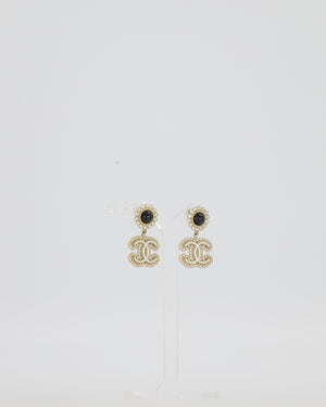 Chanel CC Crystal Gold Drop Earrings with Black Pearl Detail