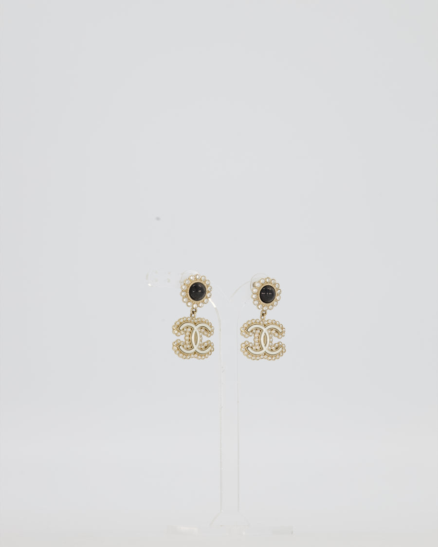 Chanel CC Crystal Gold Drop Earrings with Black Pearl Detail