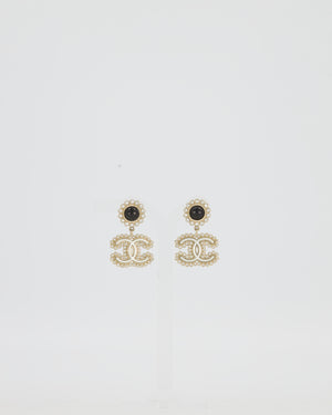 Chanel CC Crystal Gold Drop Earrings with Black Pearl Detail