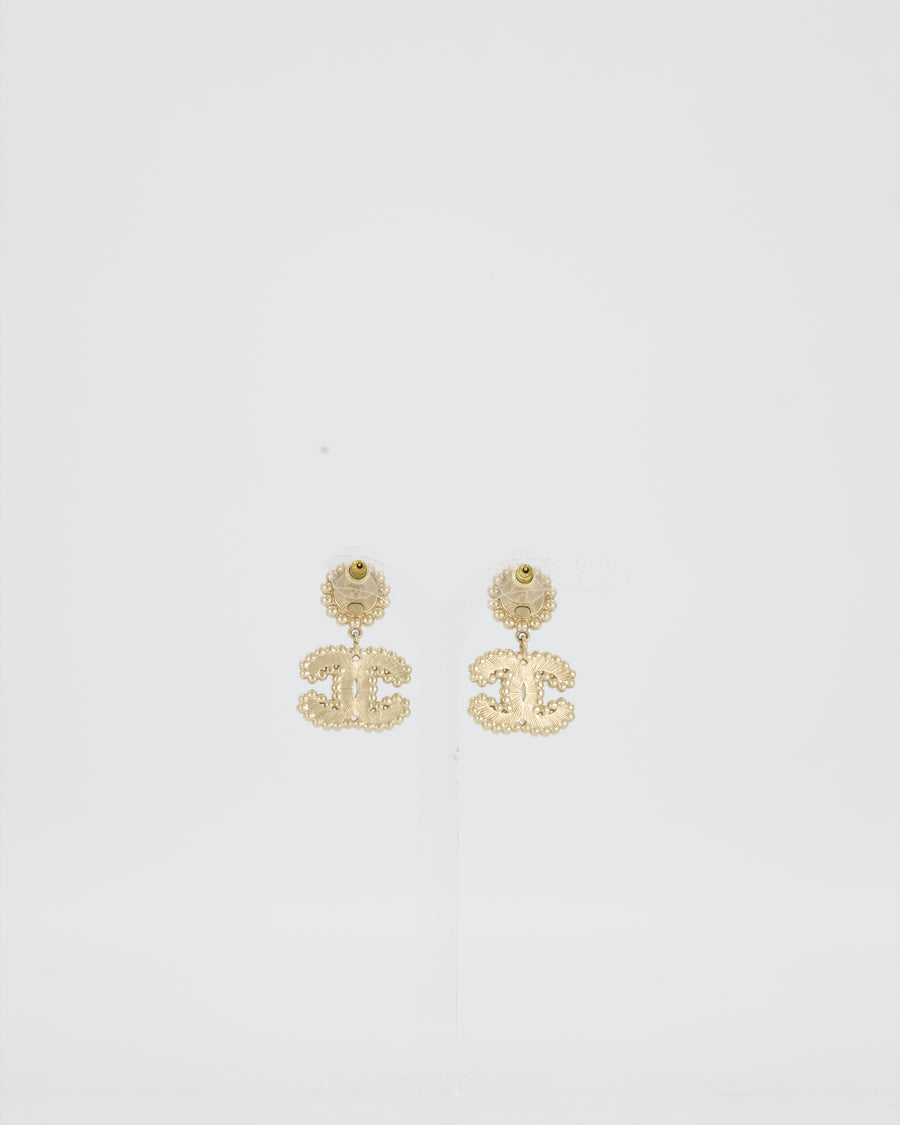 Chanel CC Crystal Gold Drop Earrings with Black Pearl Detail