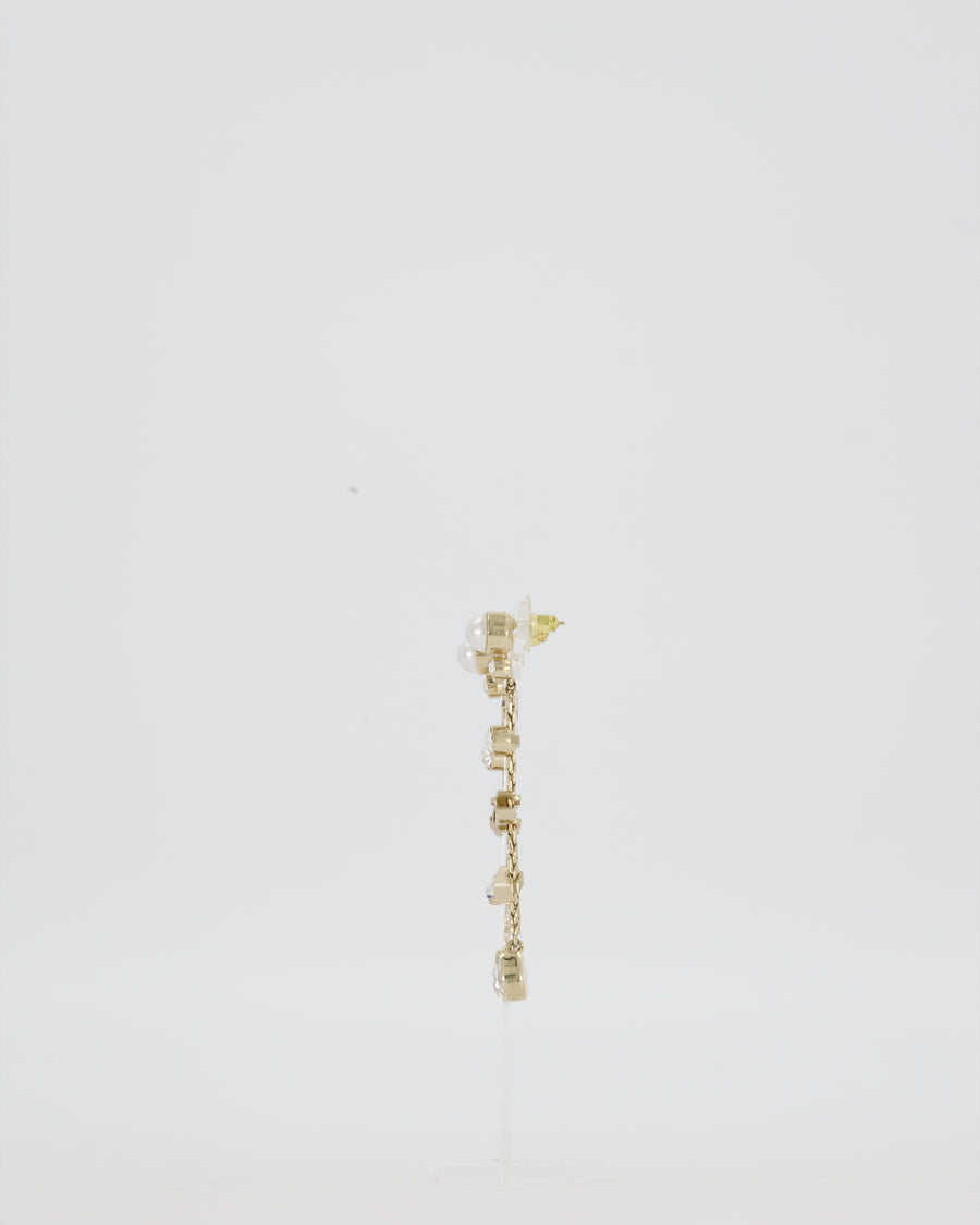 Chanel Pearl Crystal Drop Earrings with Gold CC Logo