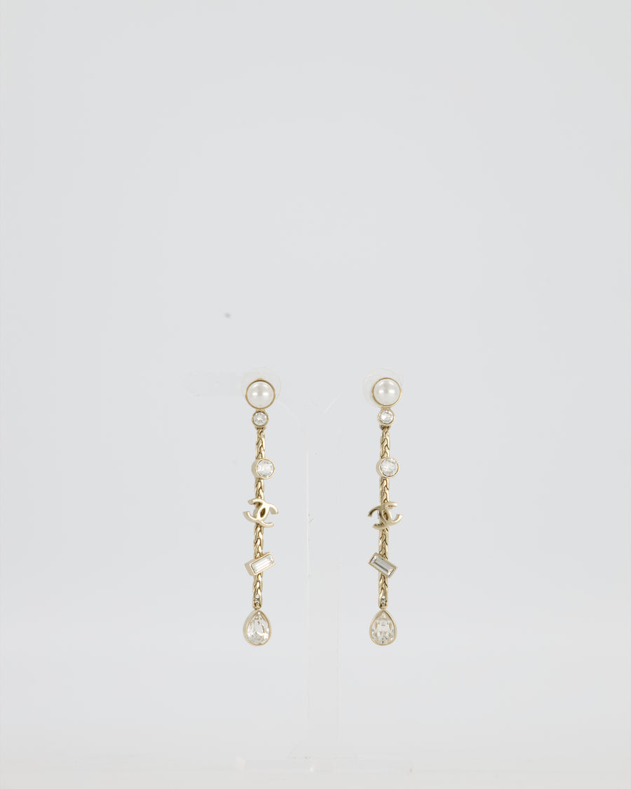 Chanel Pearl Crystal Drop Earrings with Gold CC Logo