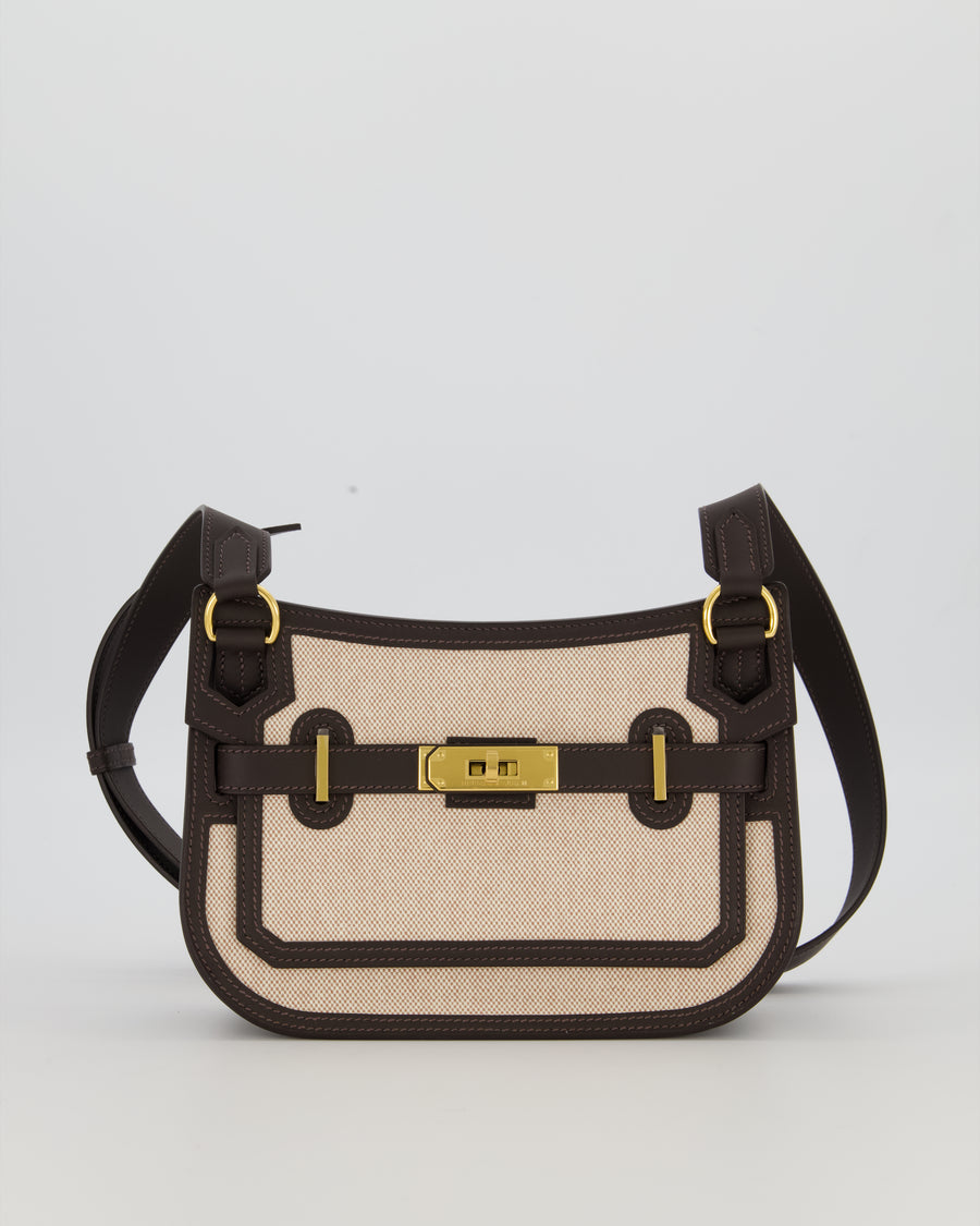 Hermès Mini Jypsiere Crossbody Bag in Bai Brun Swift Leather and Cream Canvas with Gold Hardware